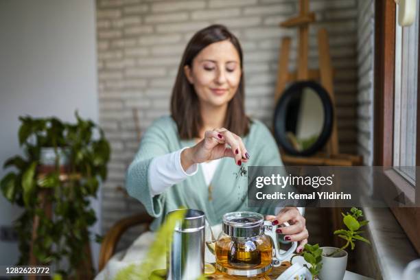 jeune femme préparant son thé d’hiver et accueillant le nouveau jour - thé vert photos et images de collection
