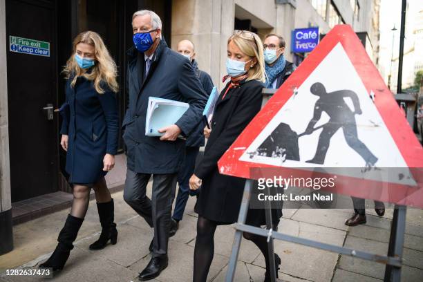 Chief EU Negotiator Michel Barnier walks from his hotel to the Department for Business Energy and Industrial Strategy on October 28, 2020 in London,...