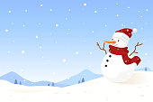 Big cute snowman on ground with winter landscape background.