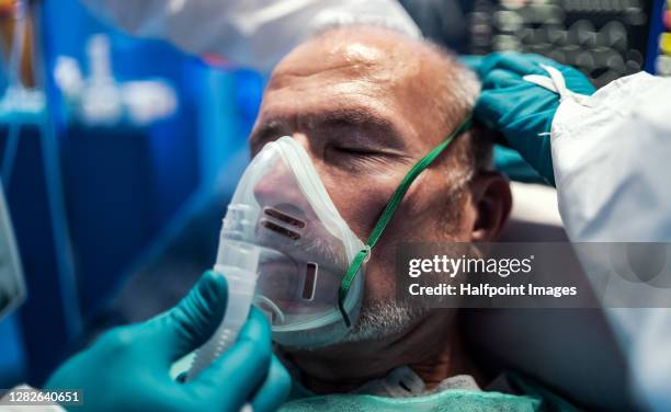 doctor giving a ventilation mask to senior covid-19 patient in hospital, coronavirus concept. - person on ventilator stock pictures, royalty-free photos & images