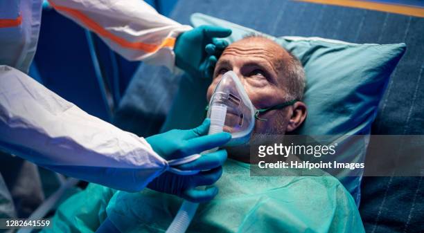 doctor giving oxygen mask to senior covid-19 patient in hospital, coronavirus concept. - icu patient stock pictures, royalty-free photos & images