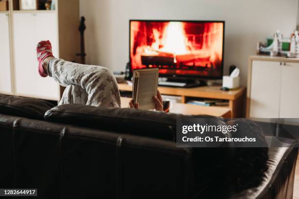 woman reading analog book cozy at home - analog digital stock pictures, royalty-free photos & images