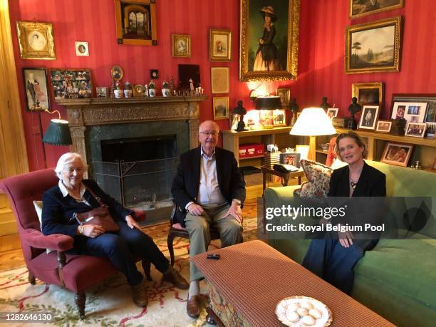 King Albert II of Belgium, Queen Paola and Princess Delphine of Belgium pose at Château du Belvédère after a meeting on October 27, 2020 in Brussels,...