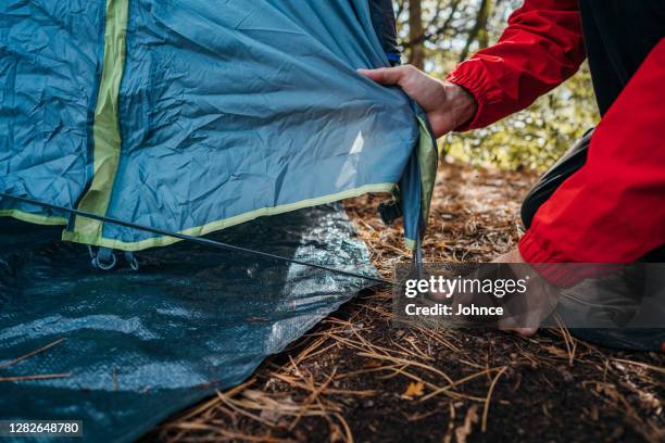 impostazione di una tenda - picchetto da tenda foto e immagini stock