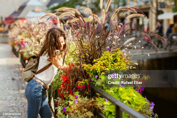 pretty woman leaning against fence with flowers and plants - quimper stockfoto's en -beelden