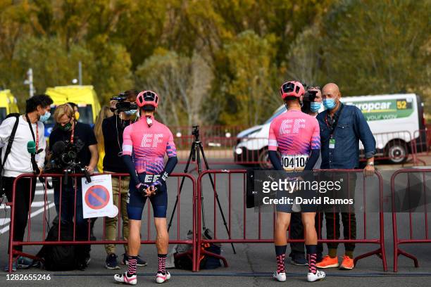 Start / Michael Woods of Canada and Team EF Pro Cycling / Magnus Cort Nielsen of Denmark and Team EF Pro Cycling / Press Media / Social distance /...