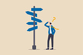 Business decision making, career path, work direction or leadership to choose the right way to success concept, confusing businessman manager looking at multiple road sign and thinking which way to go
