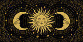 Mystical banner for astrology, tarot, boho design. Universe art, golden crescent and sun on a black background with clouds. Esoteric vector illustration, engraving.