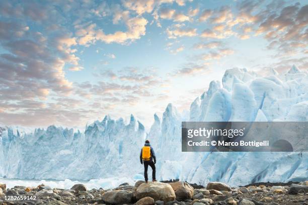 hiker admiring the perito moreno glacier at sunset, argentina - maestosità foto e immagini stock