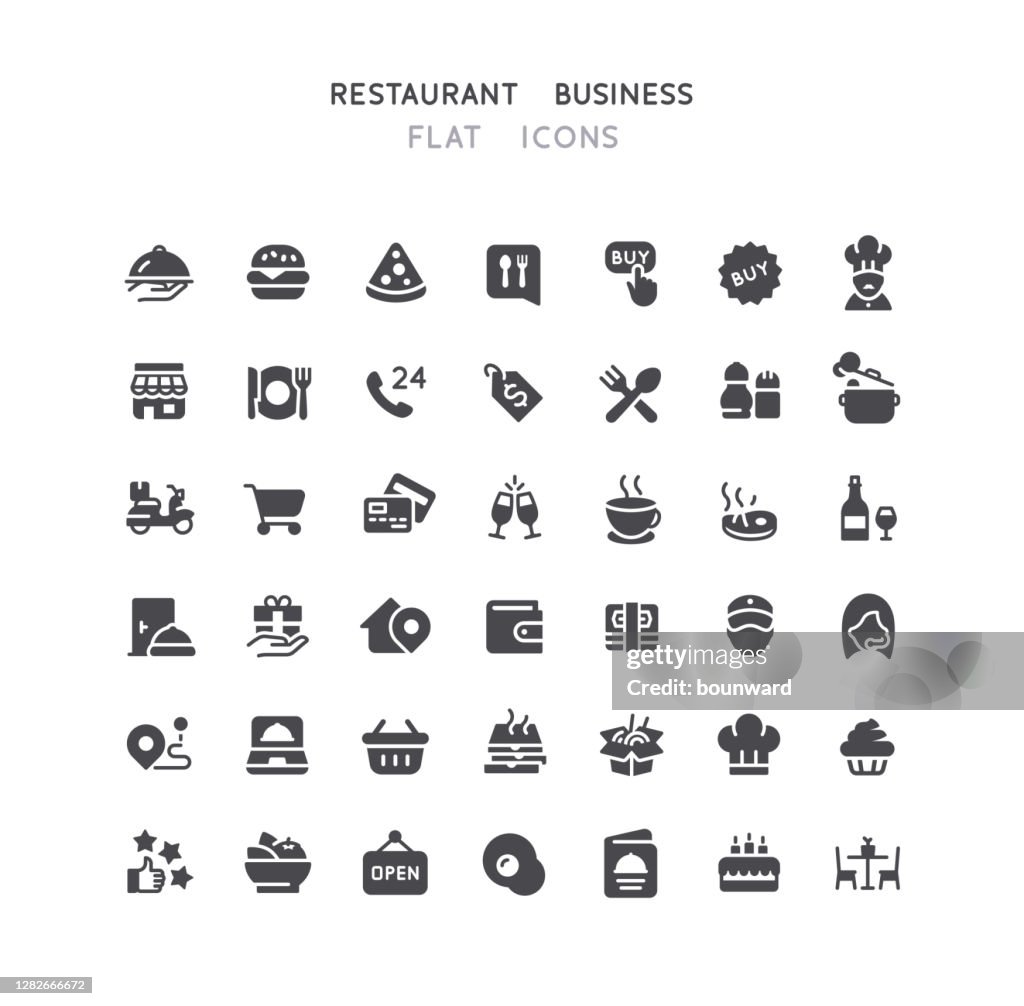 42 Iconos planos de negocios de restaurantes