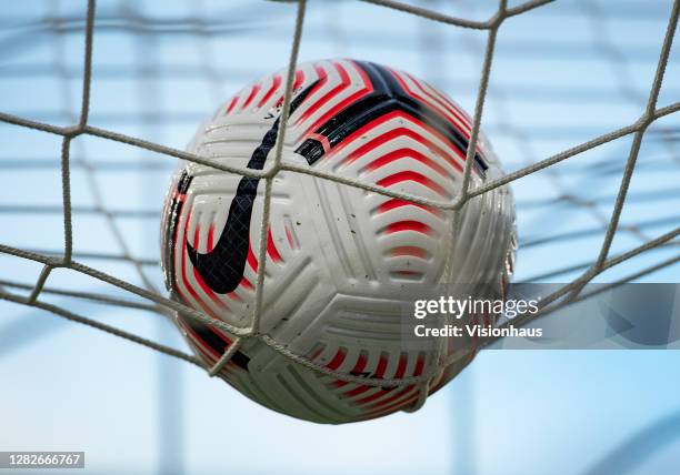 An official Nike match ball on top of the goal net before the Premier League match between Wolverhampton Wanderers and Newcastle United at Molineux...