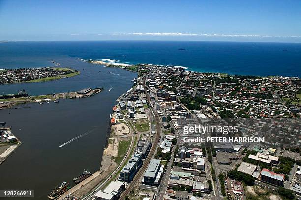 aerial view of newcastle, new south wales, australia - newcastle new south wales stock pictures, royalty-free photos & images