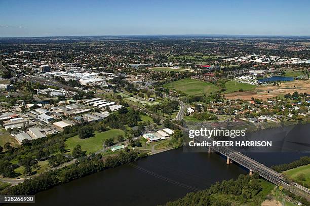 aerial view of nepean river, penrith, new south wales, australia - penrith stock-fotos und bilder