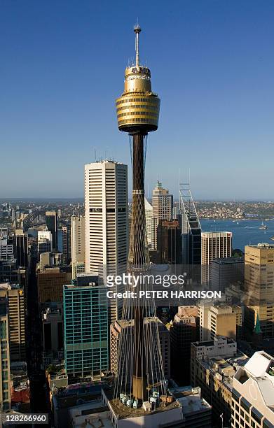 aerial view of sydney tower, sydney, new south wales, australia - centrepoint tower stockfoto's en -beelden