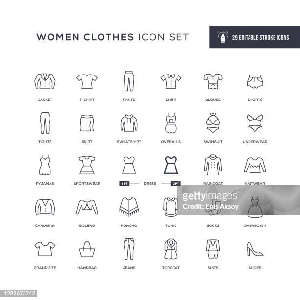 stockillustraties, clipart, cartoons en iconen met vrouwen kleding bewerkbare lijn pictogrammen - fashion