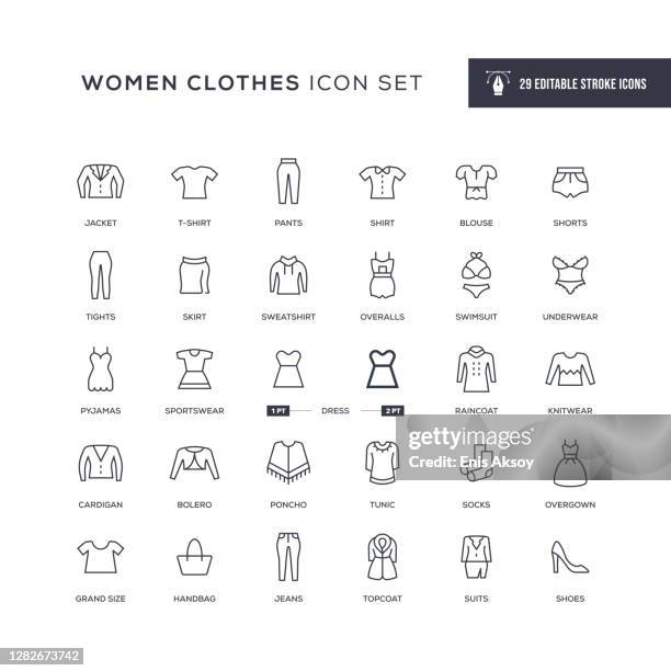 ilustrações de stock, clip art, desenhos animados e ícones de women clothes editable stroke line icons - saia