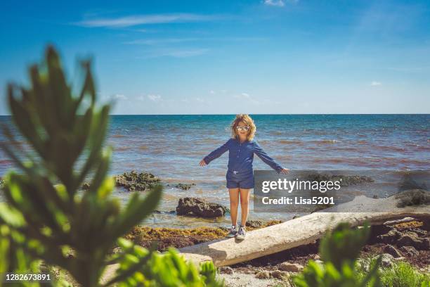 熱帯の場所を探索するビーチの子供 - 平均台 ストックフォトと画像