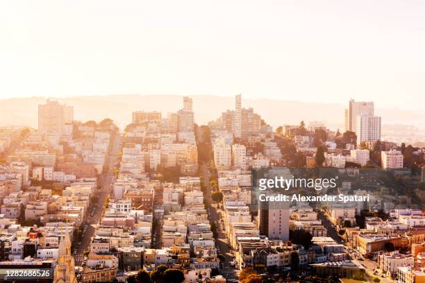 aerial view of san francisco skyline at sunset, california, usa - lombard street san francisco photos et images de collection