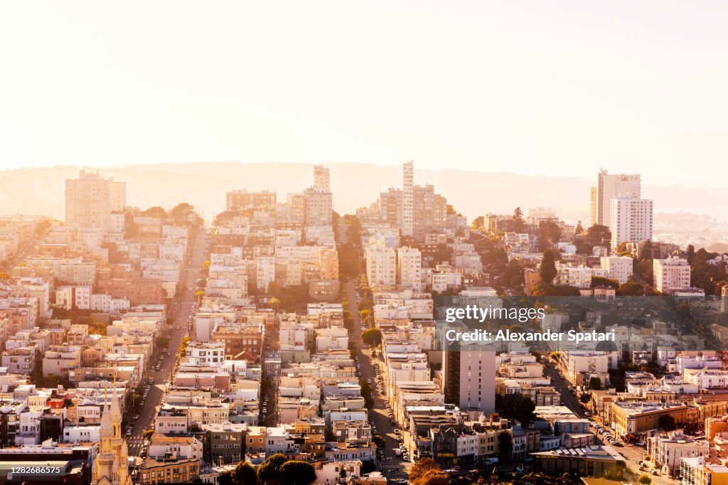 Aerial view of San Francisco skyline at sunset, California, USA