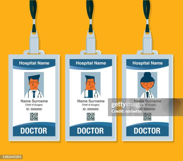 ilustraciones, imágenes clip art, dibujos animados e iconos de stock de tarjeta de identificación del médico - identity card