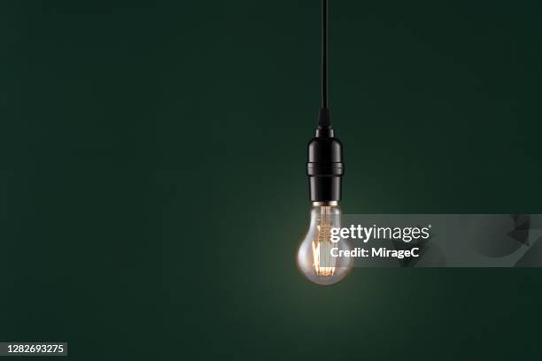 retro style light bulb on dark green - filamento fotografías e imágenes de stock