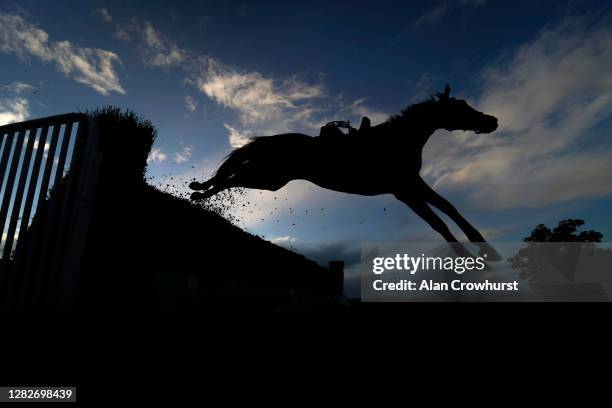 Loose horse clears a fence during The Newton King Estate Agents Handicap Chase at Taunton Racecourse on October 28, 2020 in Taunton, England. Owners...