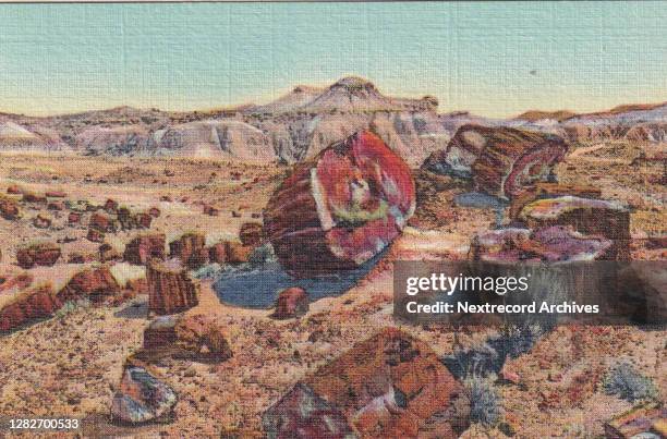 Vintage illustrated linen photographic postcard published ca 1943 depicting the multi-colored vast vistas of Petrified Forest National Park, an area...