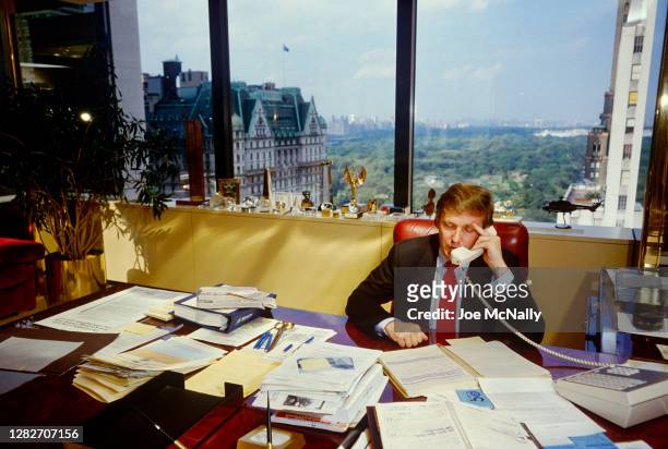 Donald Trump in his office, at his desk, in Trump Tower, circa September, 1987.