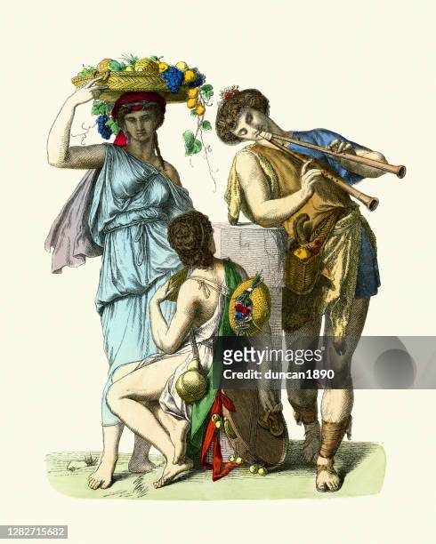 costumes of ancient greece, woman, male musician playing the aulos - ancient greece stock illustrations