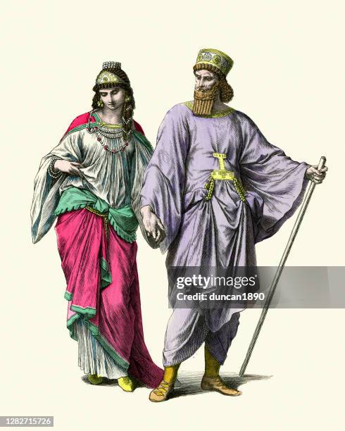 costumes of ancient persia, noble man and woman, history fashion - persian-women stock illustrations
