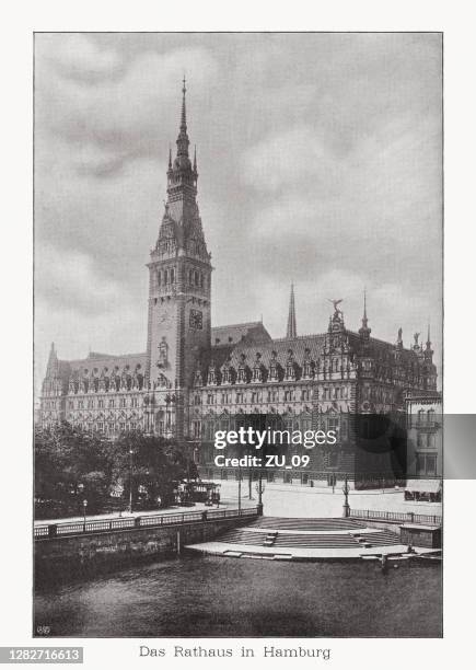 hamburg city hall, germany, photograph halftone print, published in 1899 - hamburg germany stock illustrations
