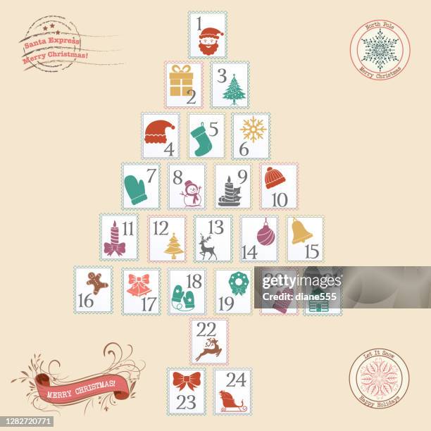 stockillustraties, clipart, cartoons en iconen met vinatge boom vormige kerst adventskalender - adventkalender