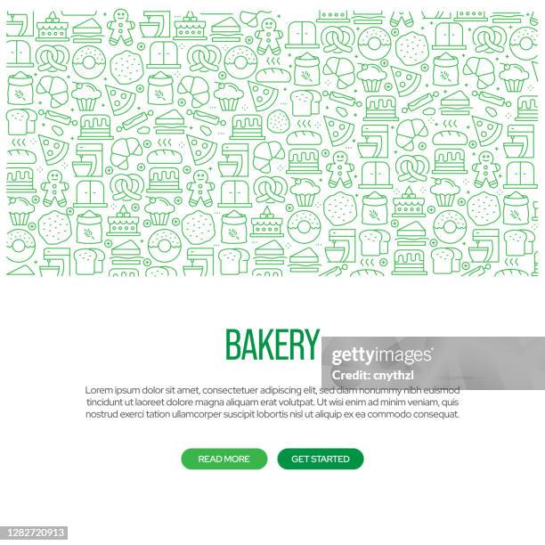 bakery related banner design with pattern. modern line style icons vector illustration - bread oven kitchen stock illustrations