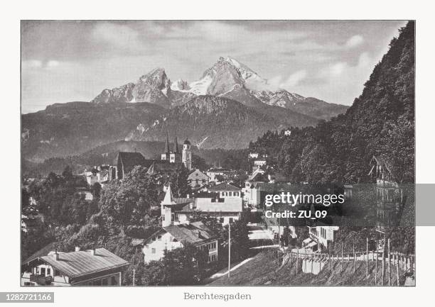 historical view of berchtesgaden, bavaria, germany, photograph halftone print, 1899 - watzmann stock illustrations