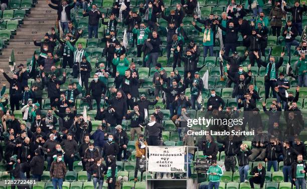 Ultra fans of Ferencvarosi TC wait for the kick-off during the UEFA Champions League Group stage match between Ferencvarosi TC and FC Dynamo Kyiv at...