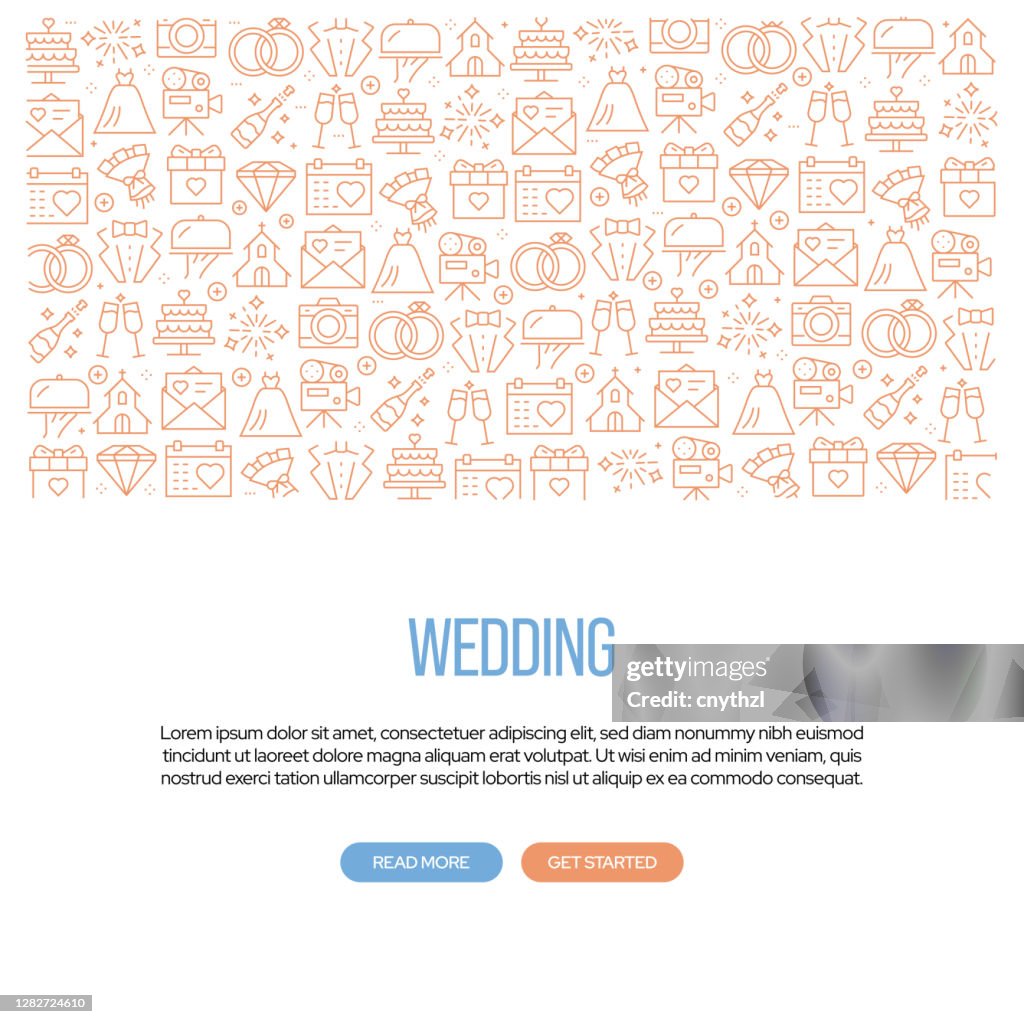 Wedding Related Banner Design with Pattern. Modern Line Style Icons Vector Illustration