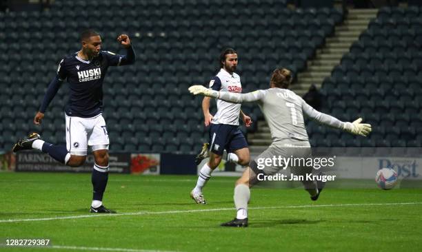 Kenneth Zohore of Millwall scores his team's first goal during the Sky Bet Championship match between Preston North End and Millwall at Deepdale on...