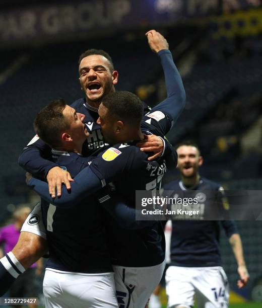 Kenneth Zohore of Millwall celebrates after scoring his team's first goal during the Sky Bet Championship match between Preston North End and...