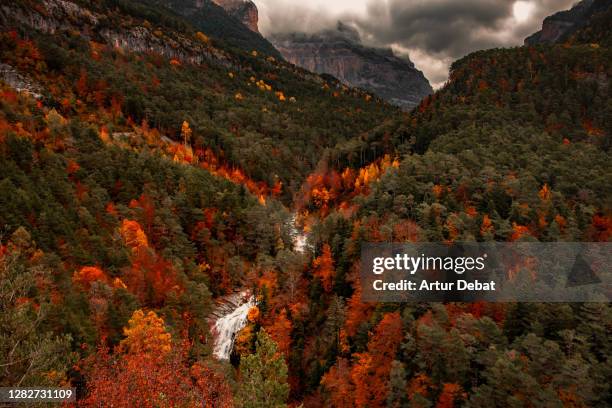 dramatic landscape with waterfall and autumn colors in the ordesa and monte perdido national park in the pyrenees mountains. spain. colores de otoño en el parque nacional de ordesa en los pirineos. - pirineos fotografías e imágenes de stock