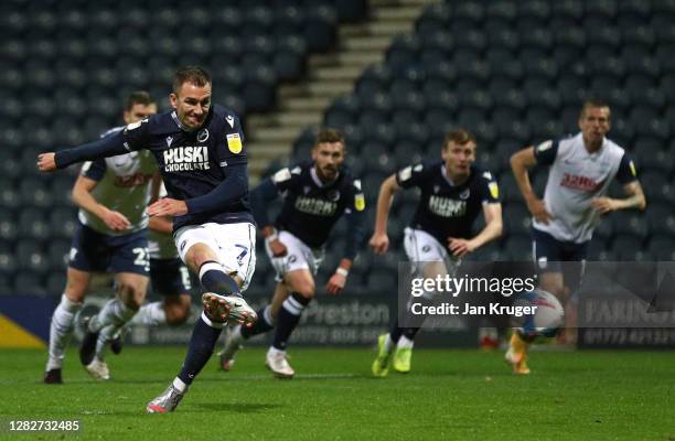 Jed Wallace of Millwall scores his sides second goal from the penalty spot during the Sky Bet Championship match between Preston North End and...