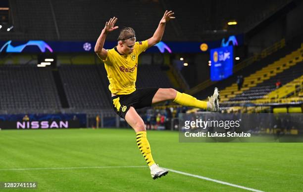 Erling Haaland of Borussia Dortmund celebrates after scoring his sides second goal during the UEFA Champions League Group F stage match between...