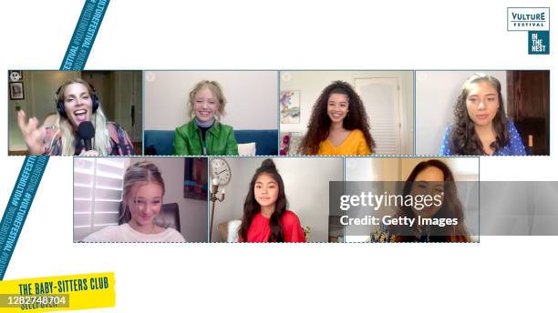 In this screengrab, Busy Philipps, Shay Rudolph, Malia Baker, Xochitl Gomez, Sophie Grace, Momona Tamada, and Rachel Shukert speak at The...