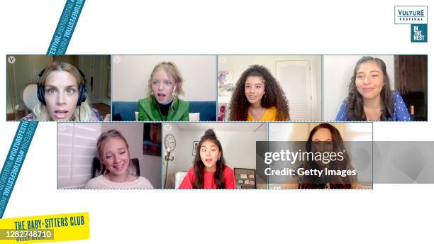 In this screengrab, Busy Philipps, Shay Rudolph, Malia Baker, Xochitl Gomez, Sophie Grace, Momona Tamada, and Rachel Shukert speak at The...