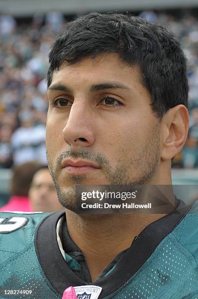 Jason Babin of the Philadelphia Eagles stands on the sideline during the game against the San Francisco 49ers at Lincoln Financial Field on October...