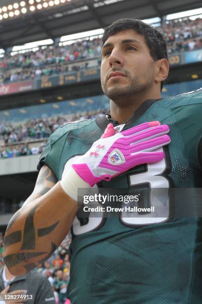 Jason Babin of the Philadelphia Eagles stands on the sideline during the game against the San Francisco 49ers at Lincoln Financial Field on October...