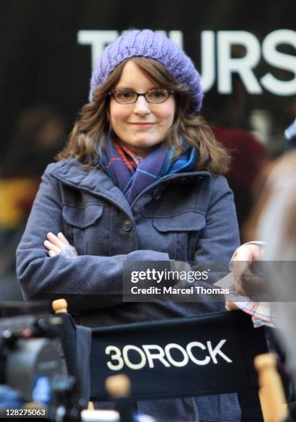 Actress Tina Fey is seen on the set of the TV show "30 Rock " on location in Rockefeller Center on October 5, 2011 in New York City.