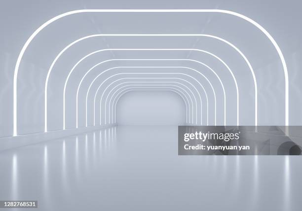 3d rendering exhibition background - neon tunnel stock pictures, royalty-free photos & images