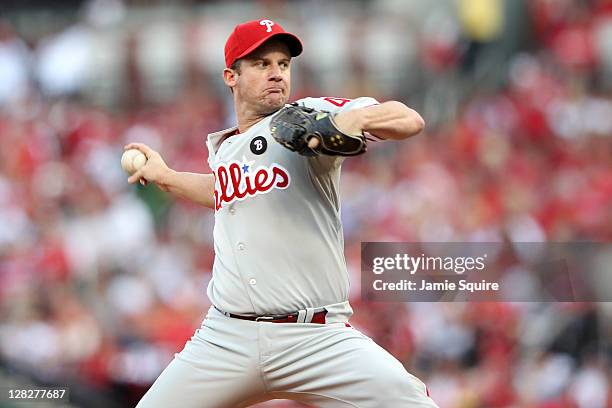 Starting pitcher Roy Oswalt of the Philadelphia Phillies on the mound in the first inning against the St. Louis Cardinals in Game Four of the...