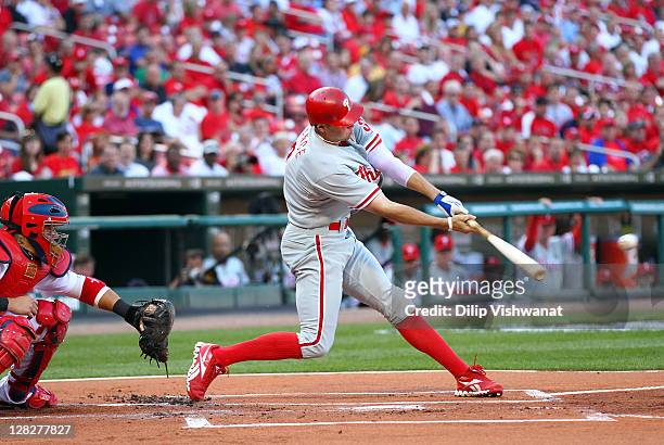 Hunter Pence of the Philadelphia Phillies connects to drive in the first run during the 1st inning of Game 4 of the National League Division Series...