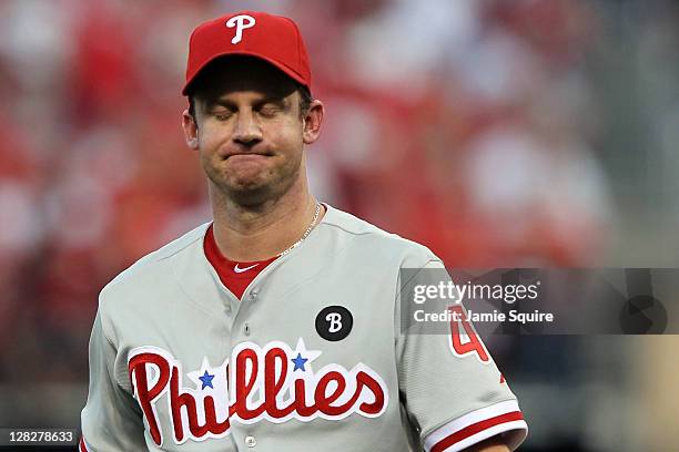 Pitcher Roy Oswalt of the Philadelphia Phillies reacts after allowing two-runs in the fourth inning while taking on the St. Louis Cardinals in Game...